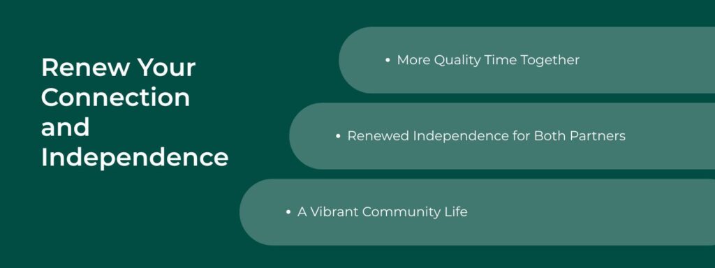 infographic that says 'Renew Your Connection and Independence, More Quality Time Together, Renewed Independence for Both Partners, A Vibrant Community Life.'