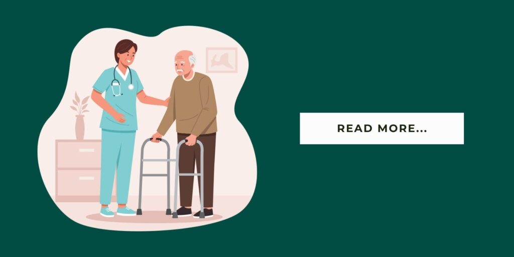 Blog Header Illustration caregiver helping a senior with a walker in senior living and it says 'read more'