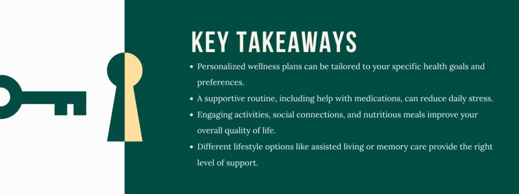infographic that says 'Key Takeaways Personalized wellness plans can be tailored to your specific health goals and preferences. A supportive routine, including help with medications, can reduce daily stress. Engaging activities, social connections, and nutritious meals improve your overall quality of life. Different lifestyle options like assisted living or memory care provide the right level of support.'