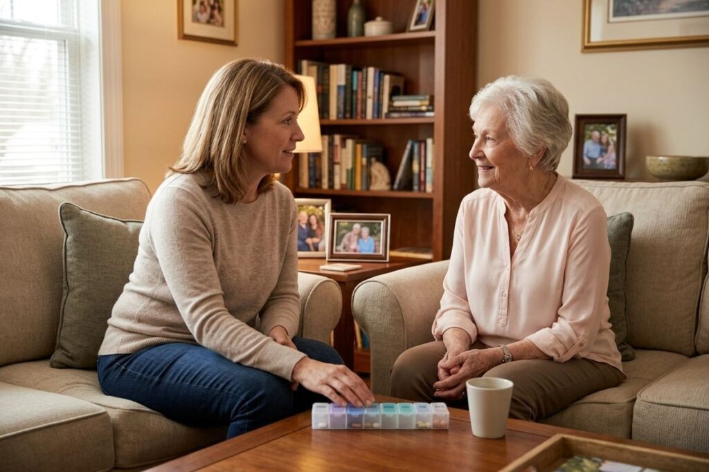 A senior and their loved one review the medications in a weekly pill box, seated in a cozy living room in an assisted living community.