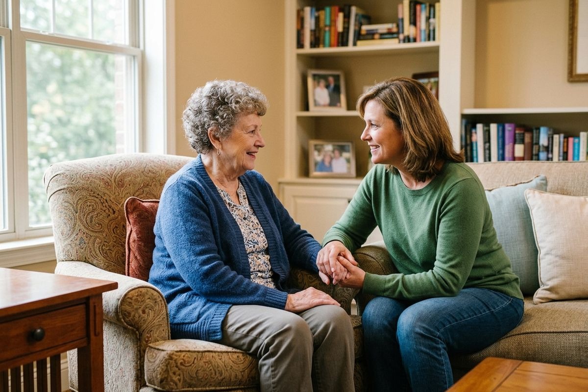 An older and younger adult sitting across from each other, talking while smiling and laughing.