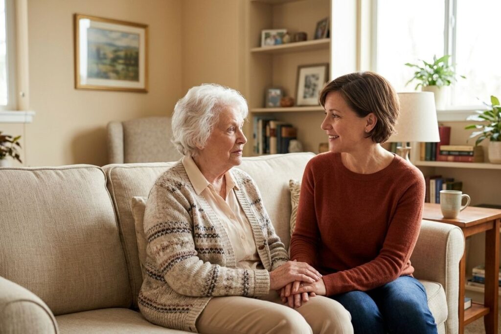 An older and younger adult, one smiling while talking to other while holding each other's hands. 