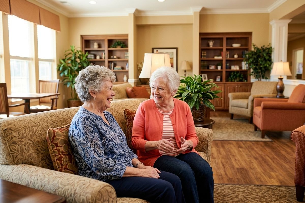 Two seniors laughing happily together while sitting on a couch.