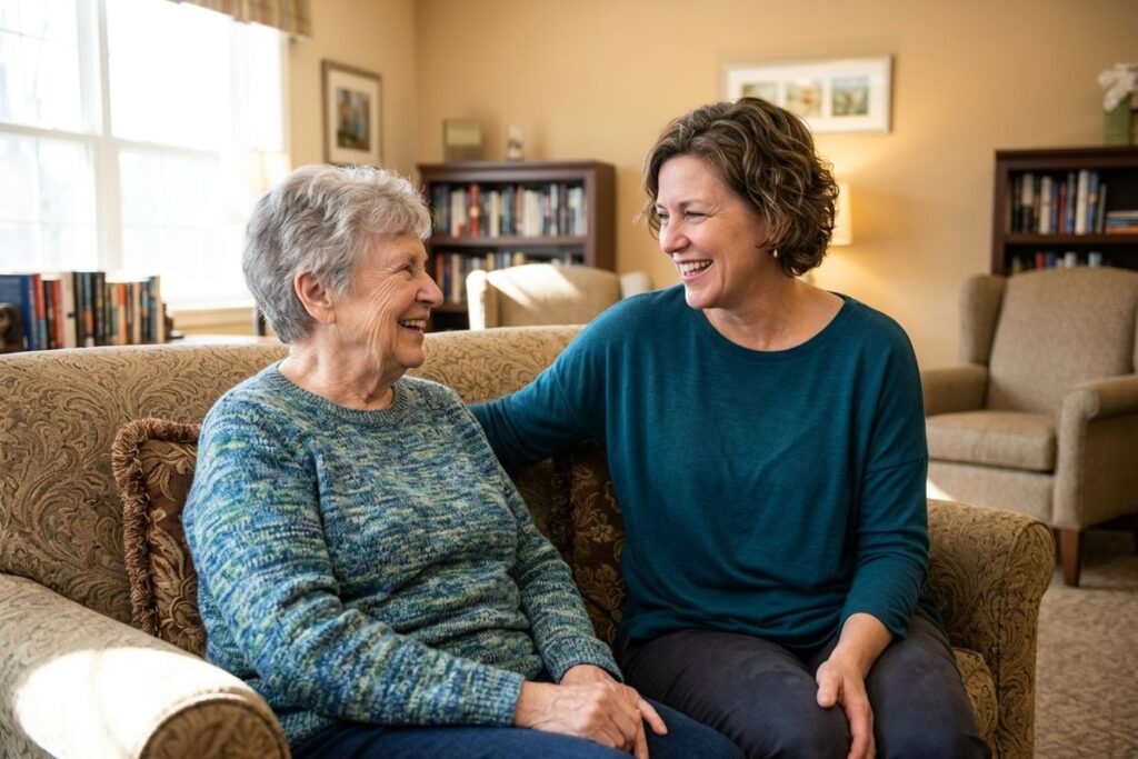 A younger and older adult smiling together on a couch, with bookshelves in the background.