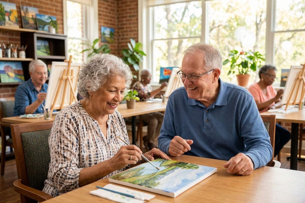 Two smiling older adults painting a landscape canvas together at a table in a warmly-lit art class, with other seniors painting in the background.