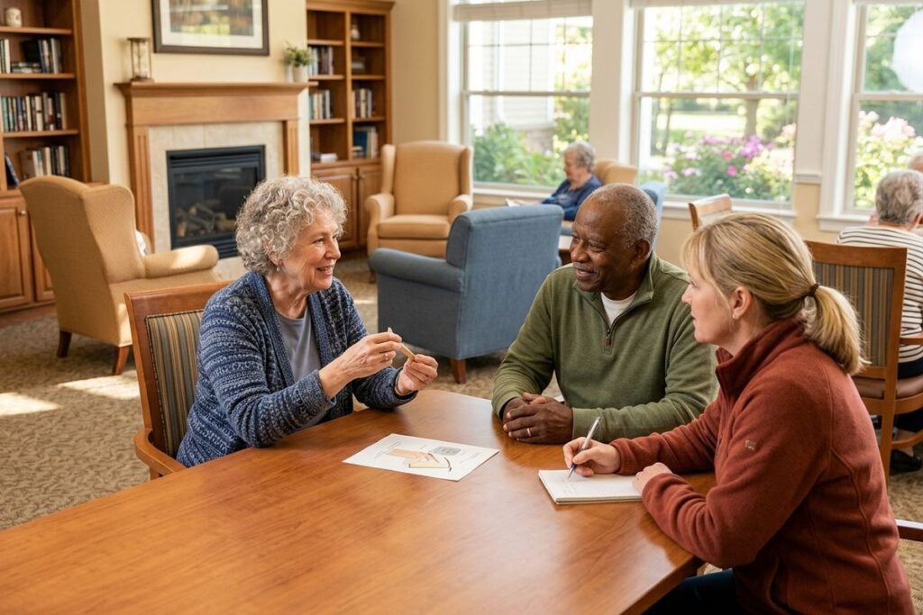 Three adults sit at a wooden table in a lounge, smiling and talking, one taking notes. Bookshelves and fireplace in background.