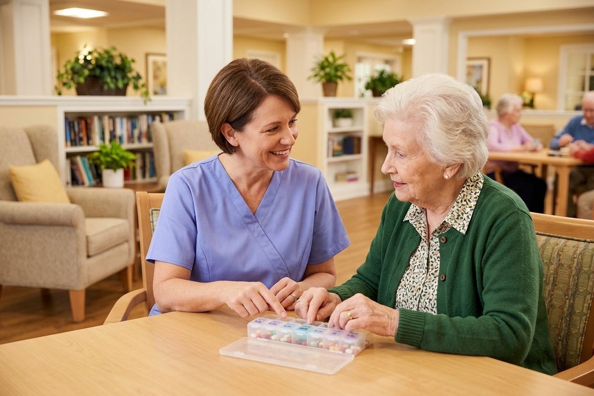 An assisted living caregiver helps an older adult with their weekly medication pill box, balancing autonomy with professional support.