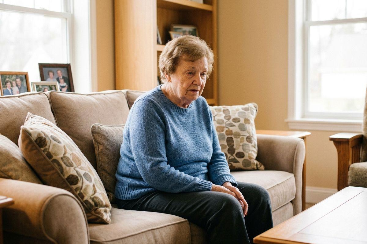 An older adult sits alone on a couch, looking tired and confused, experiencing symptoms of cognitive decline