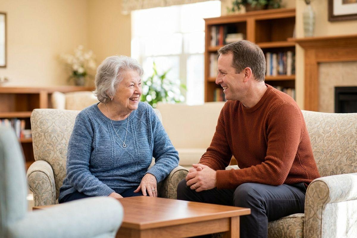 An older adult and their family member smile as they sit together in a bright living room in their memory care community.