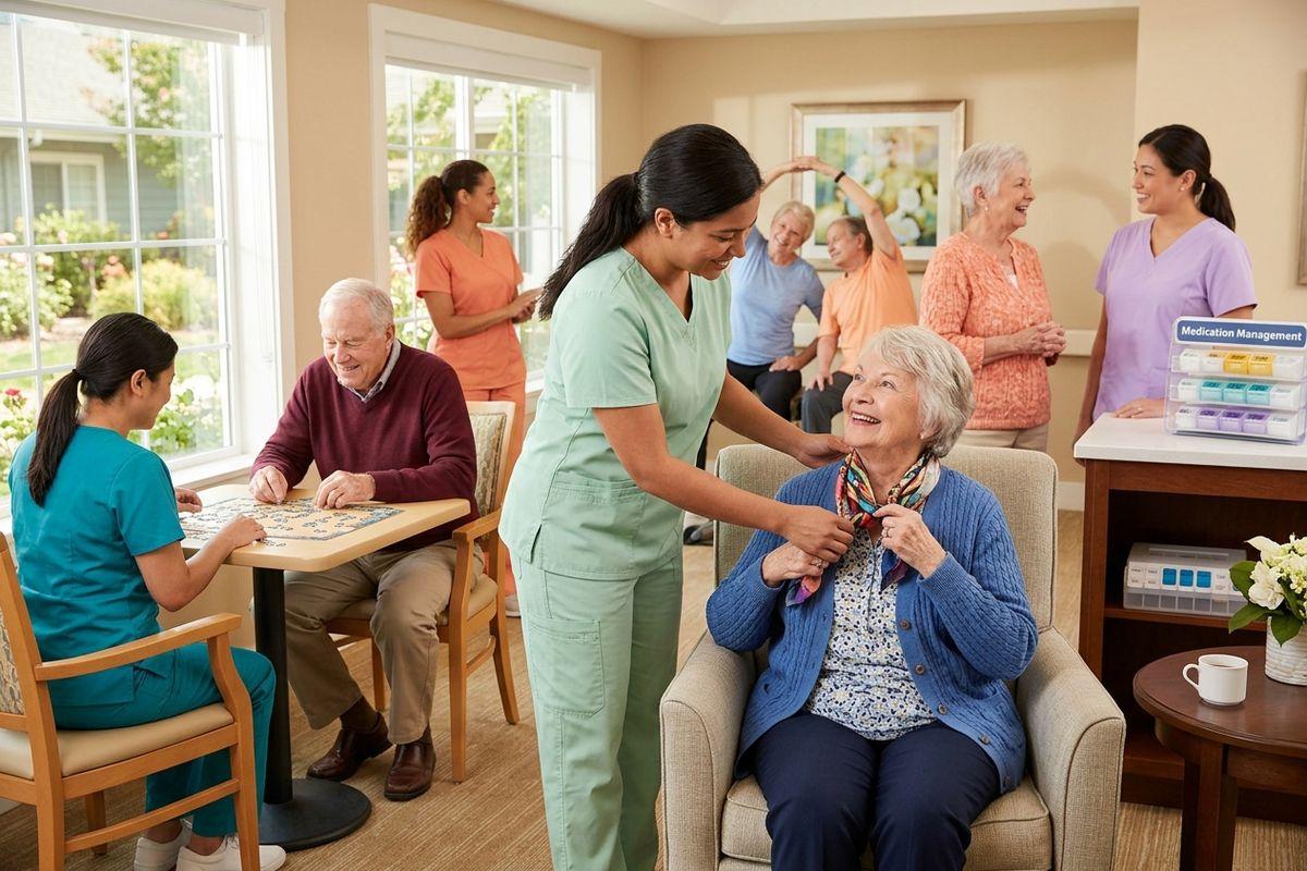 A caregiver helps an older adult in assisted living with tying their scarf while other residents socialize in the background of a common area.