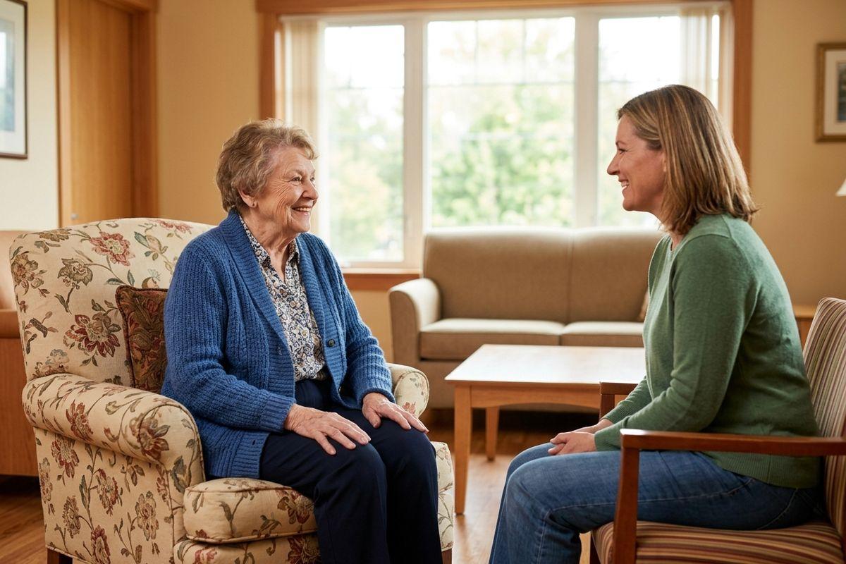 A family member visits their parent in an assisted living community.
