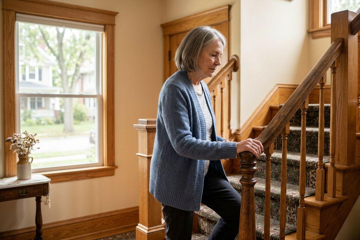 An older adult in a blue cardigan carefully holds a wooden banister while climbing carpeted stairs in a home, looking down with a focused expression.