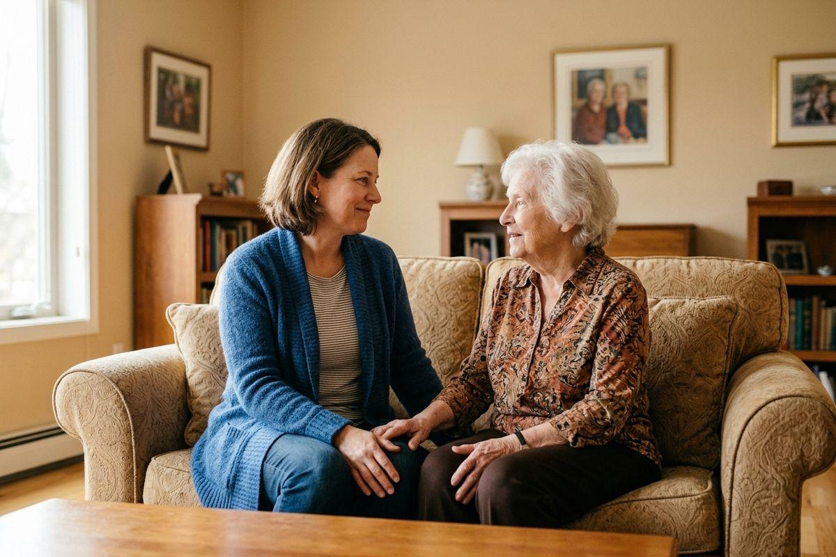 An older adult and their adult child sit together on a living room sofa, holding hands and smiling at each other, with framed photos on the walls behind them.