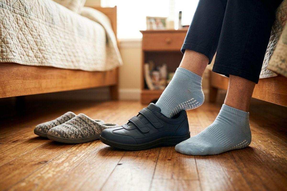 An older adult wearing blue socks sits on the edge of their bed and slips on a pair of black running shoes.