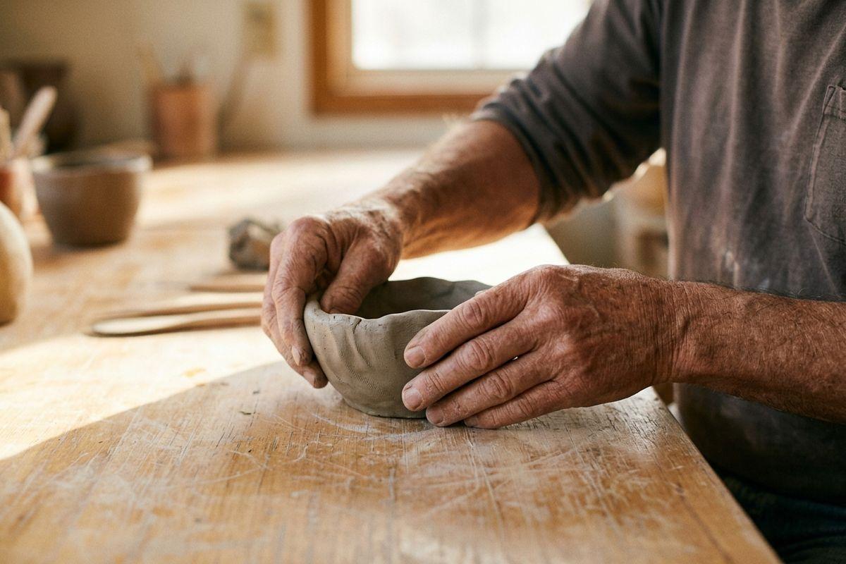 Close-up of a person's hands shaping a small clay bowl on a wooden workbench in a pottery studio, with tools nearby.