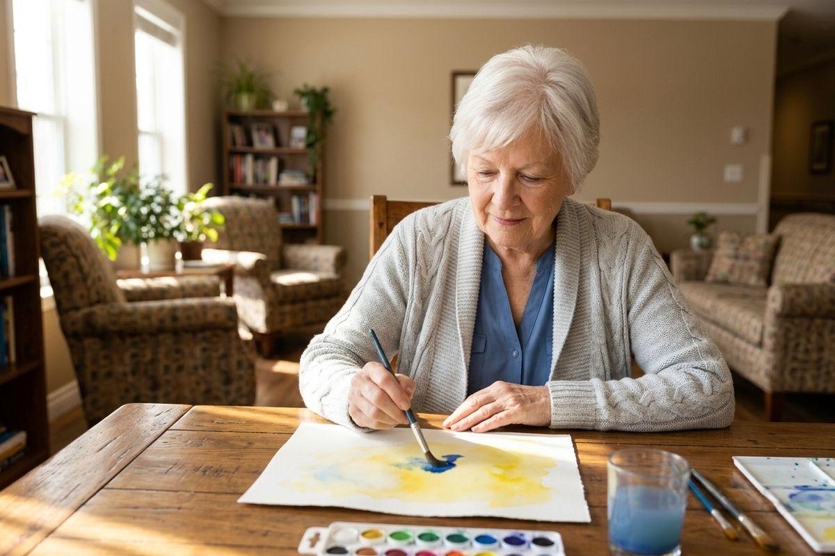 Older adult painting with watercolors at a wooden table in a living room, focused on a yellow and blue painting beside a paint tray and water glass.