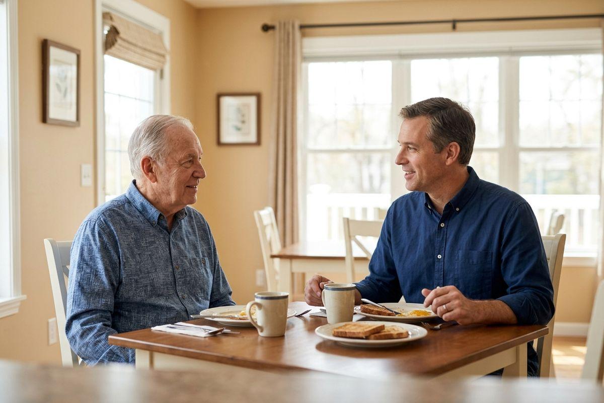 Older adult and younger adult sit talking at a dining table with breakfast plates of eggs and toast and mugs of coffee, near a sunny window.