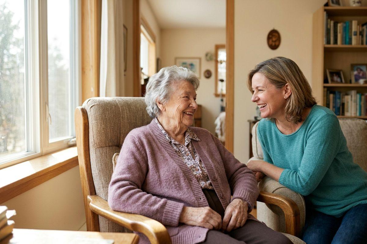 Older adult in an armchair by a window laughing with a younger adult kneeling beside them in a living room with bookshelves during a visit in respite care.