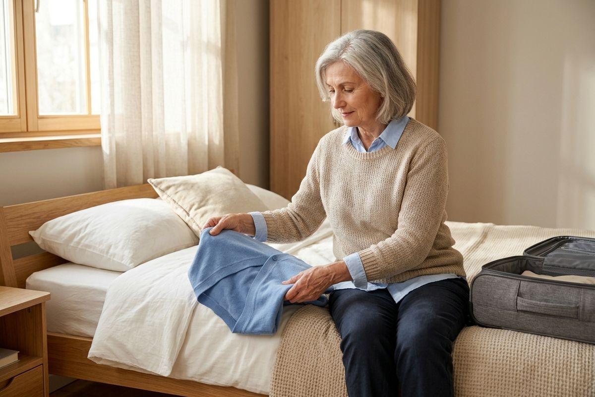An older adult sits on a bed folding a blue shirt with an open suitcase beside them in a sunlit bedroom, packing for their short-term respite stay.
