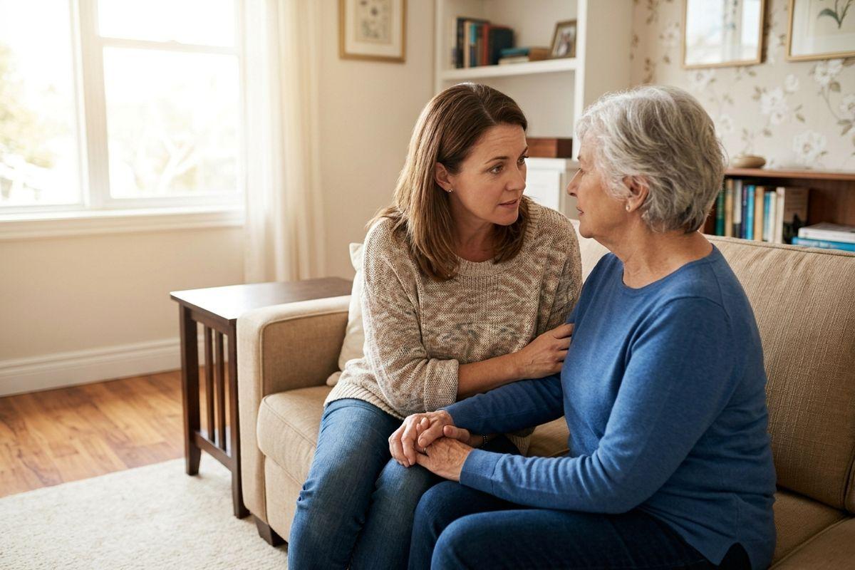 An older adult and their adult child sit close together on a living room sofa, holding hands and talking, with concerned expressions.