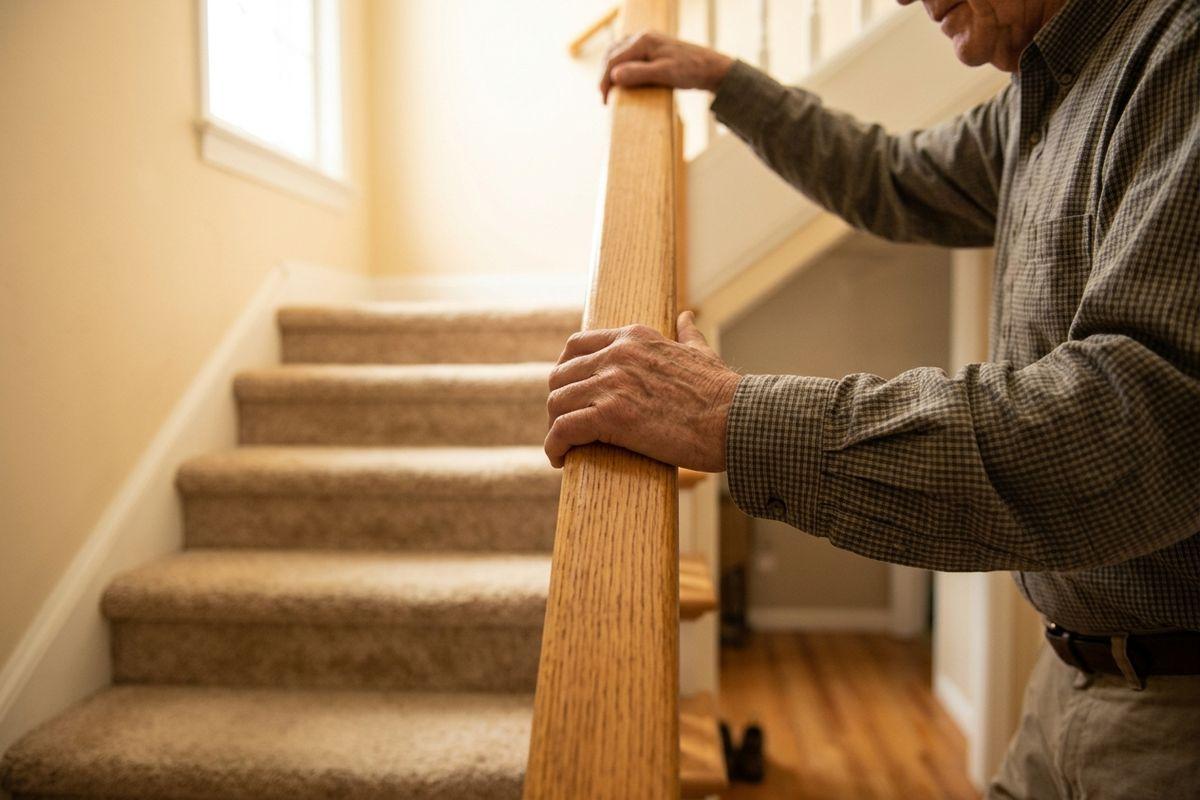 An older adult grips a wooden handrail with both hands at the bottom of a carpeted staircase inside their home.