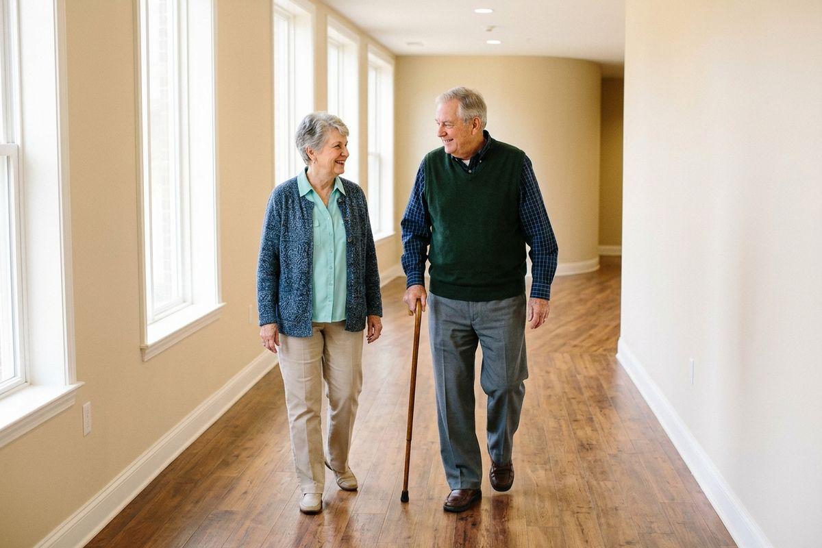 An older adult with a cane turns and smiles at their companion while walking together down a hallway in their new assisted living community.