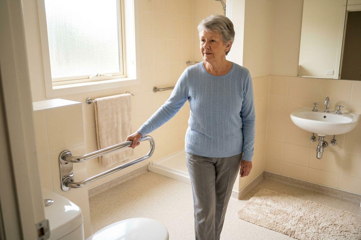 An older adult in a blue sweater holds a metal grab rail while standing in an accessible bathroom in assisted living with a sink, toilet, and shower.